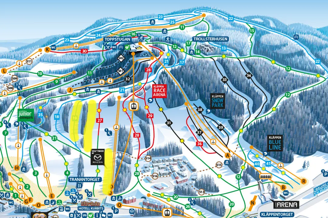 Kläppen's slope map where the yellow-marked section shows which slopes are closed during the competition