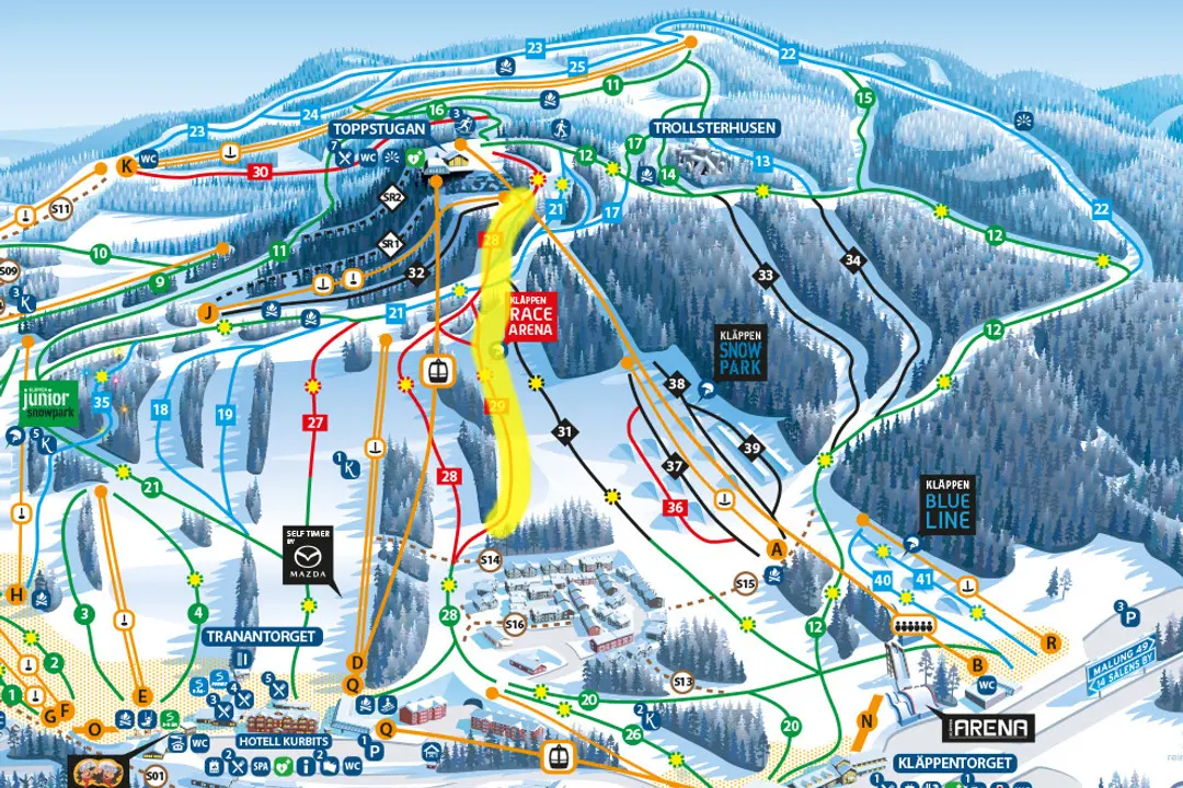 Kläppen's slope map with the yellow-marked section showing which slopes are closed during the competition