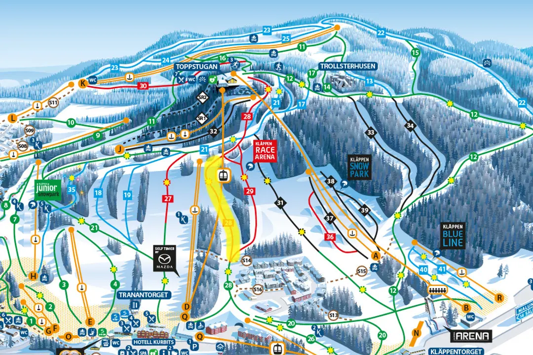 Kläppen's slope map where the yellow-marked section shows which slopes are closed during the competition