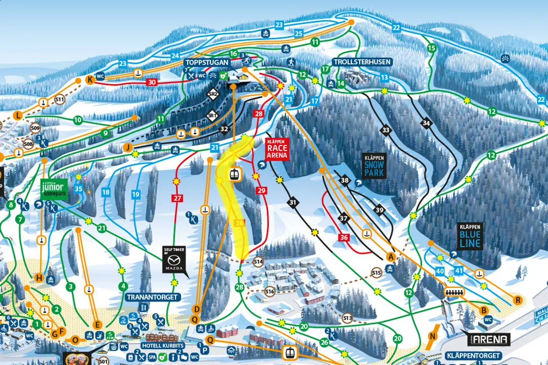 Kläppen's slope map where the yellow-marked section shows which slopes are closed during the competition