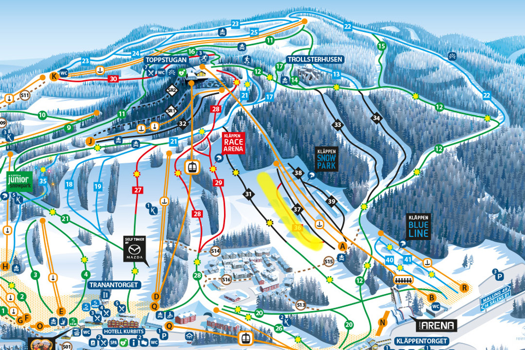 Kläppen's slope map where the yellow-marked section shows which slopes are closed during the competition