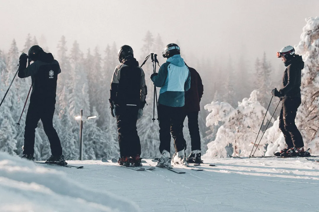 Flera skidåkare står samlade högst upp i en backe och ser på utsikten